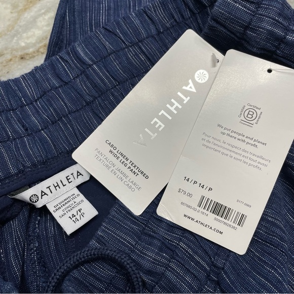 NEW ATHLETA Cabo Linen Wide Leg Pant Blue Textured #657680 Size 14P - Picture 2 of 11